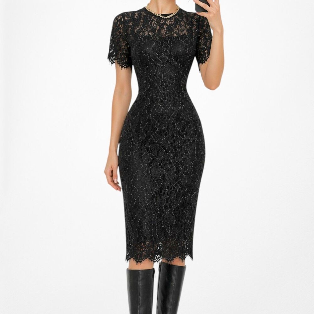 Vintage Y2K Black Knee Length Bodycon Lace Short Sleeve Cocktail Dress Size 6/M